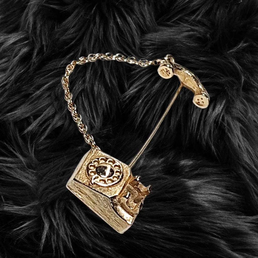 Gold Tone Old Style Telephone Brooch